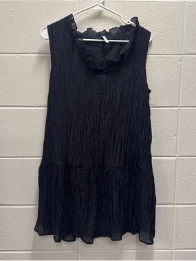 Sleeveless Black Crinkle Ruffle Mini Dress